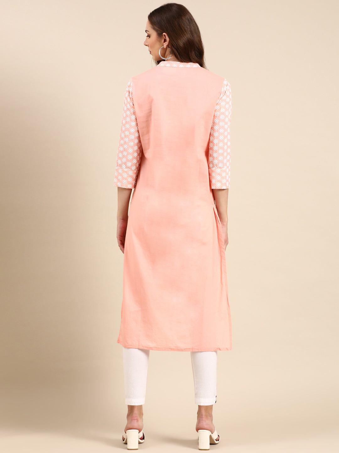 Women's Peach Floral Embroidered Pastels Straight Kurta