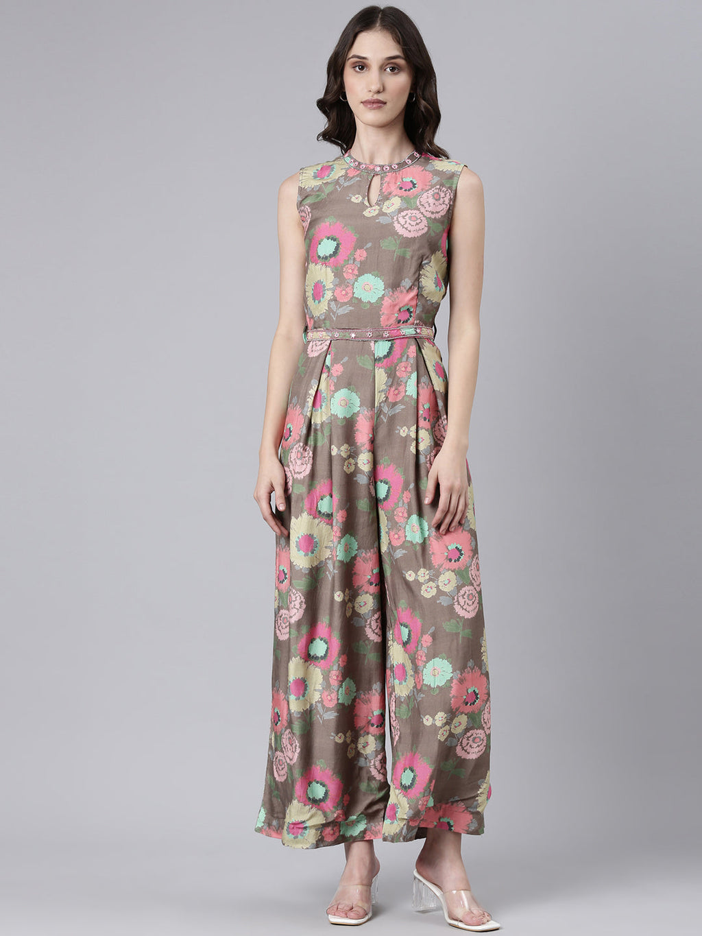 Women's Taupe Floral Printed Sleeveless Basic Jumpsuit With Waist Tie-Ups