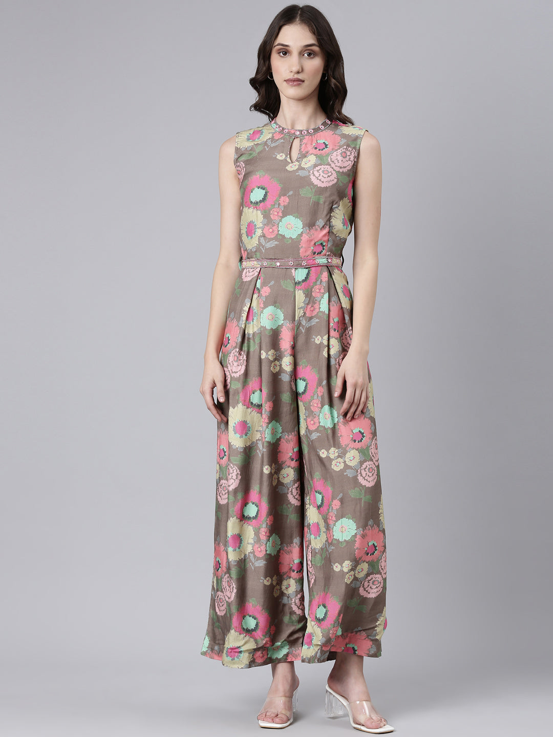 Women's Taupe Floral Printed Sleeveless Basic Jumpsuit With Waist Tie-Ups