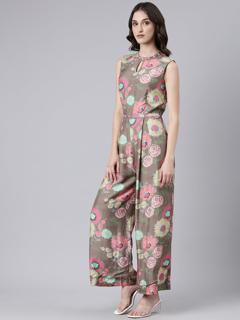 Women's Taupe Floral Printed Sleeveless Basic Jumpsuit With Waist Tie-Ups