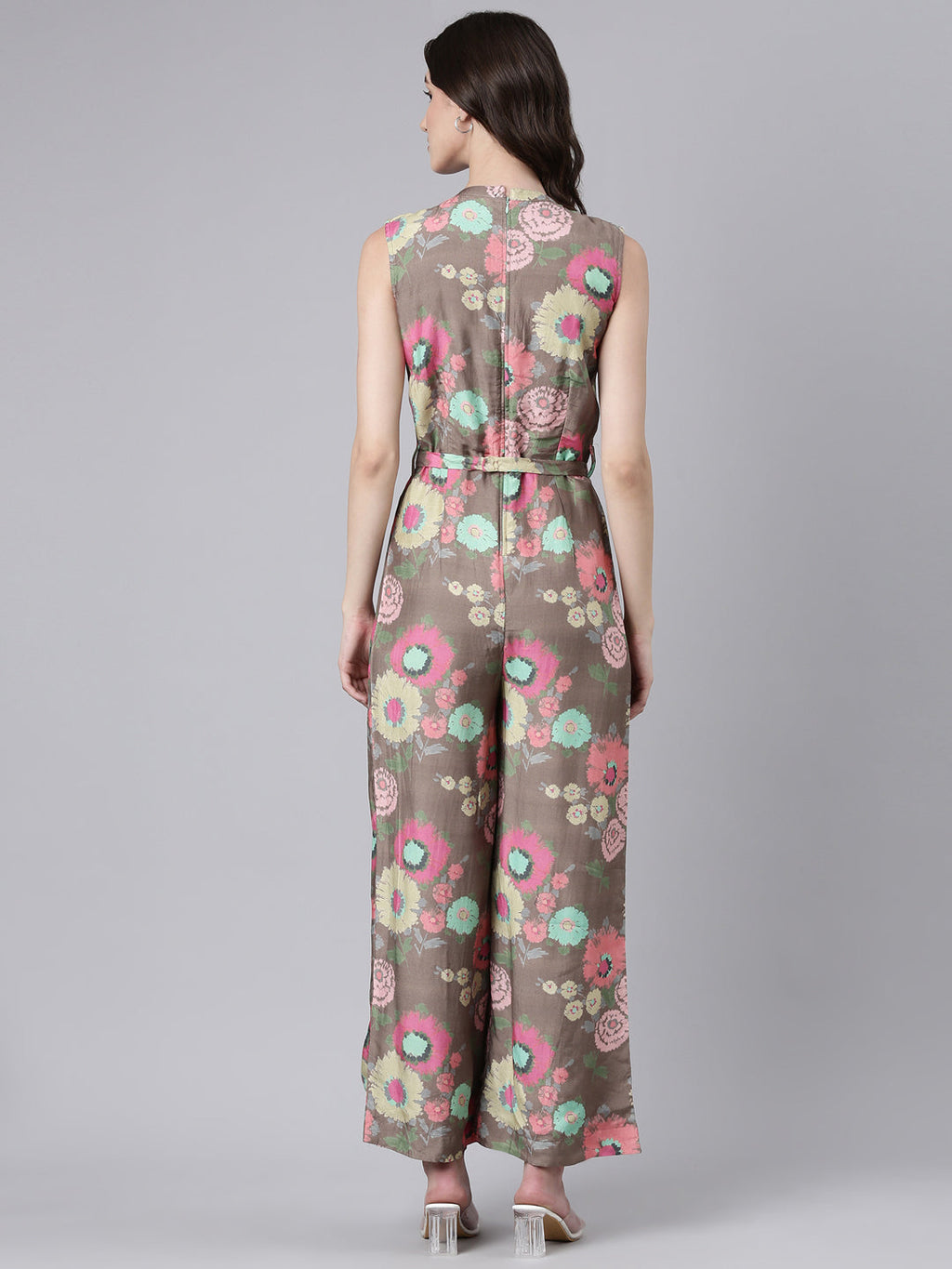 Women's Taupe Floral Printed Sleeveless Basic Jumpsuit With Waist Tie-Ups