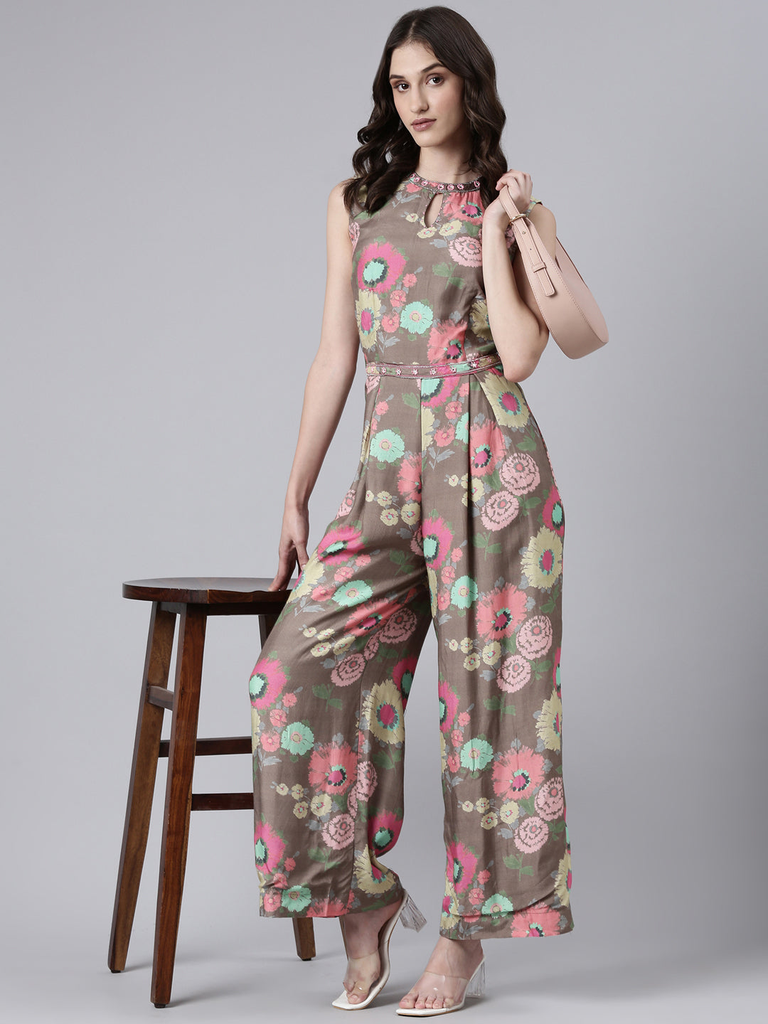 Women's Taupe Floral Printed Sleeveless Basic Jumpsuit With Waist Tie-Ups