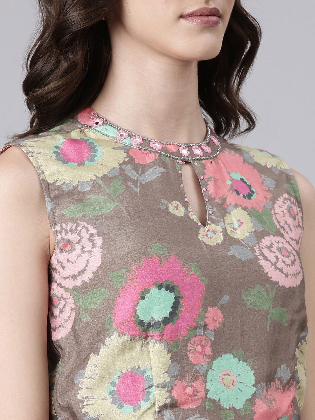 Women's Taupe Floral Printed Sleeveless Basic Jumpsuit With Waist Tie-Ups