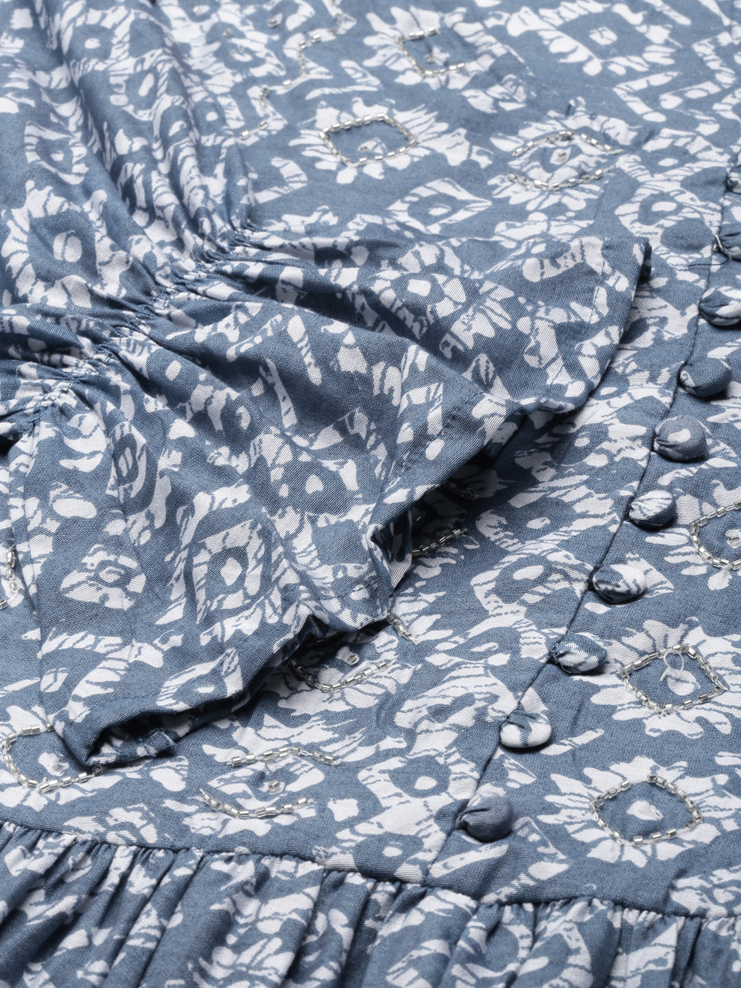 Women's Grey Ethnic Motifs Printed Cotton Fit & Flare Dress