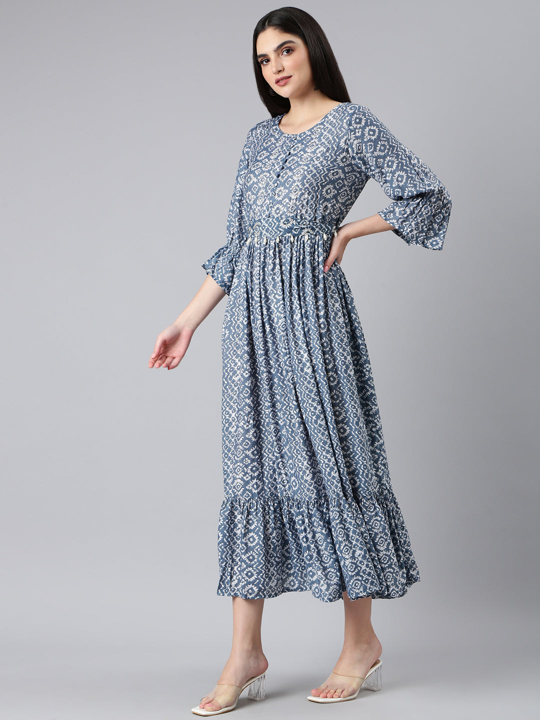 Women's Grey Ethnic Motifs Printed Cotton Fit & Flare Dress