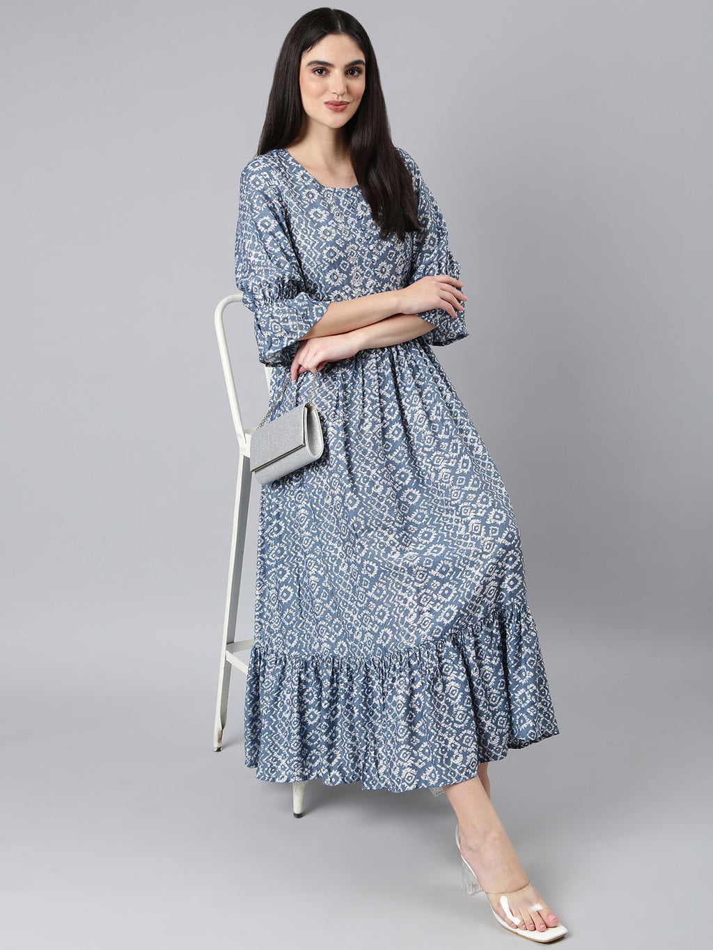 Women's Grey Ethnic Motifs Printed Cotton Fit & Flare Dress