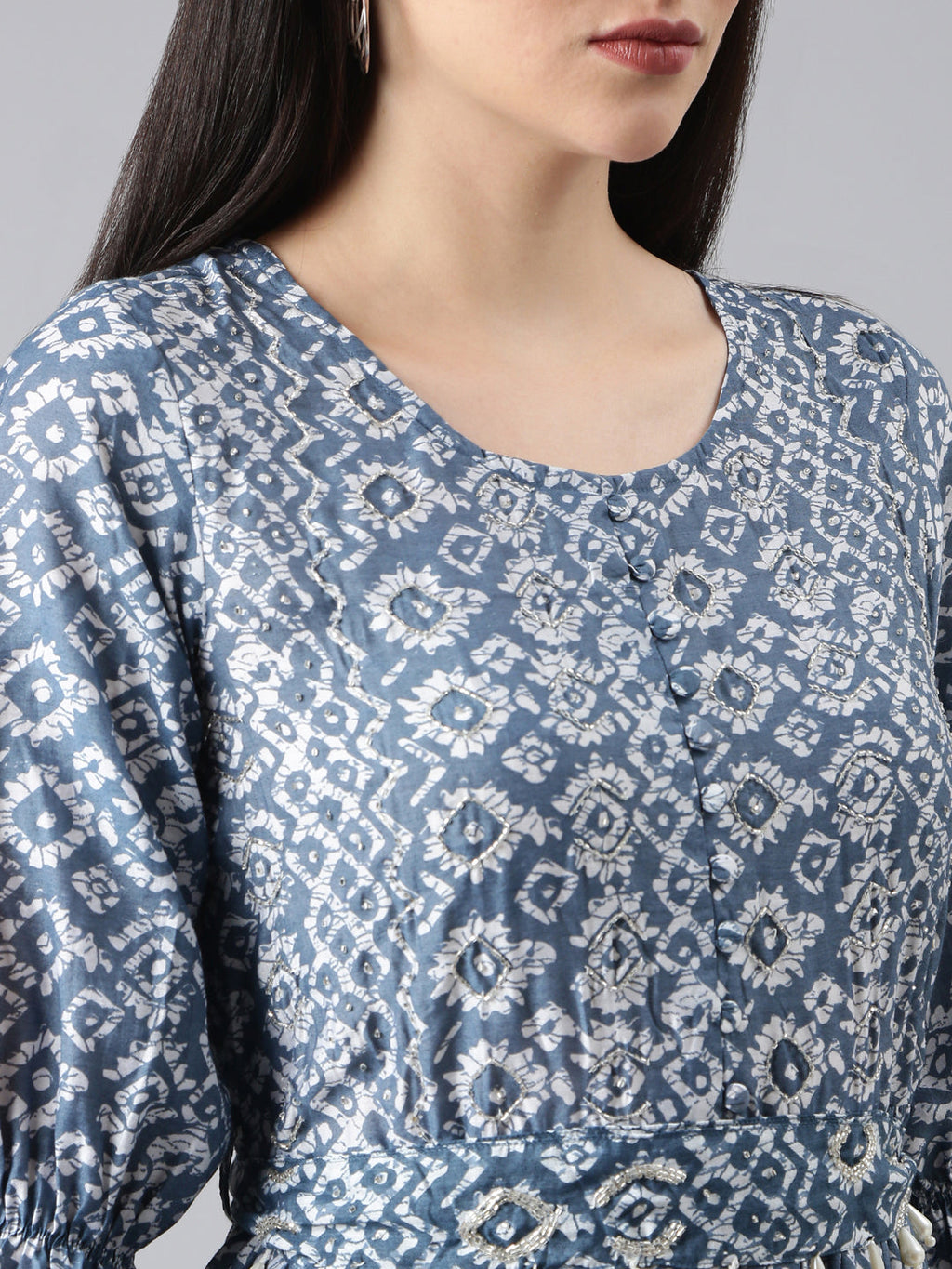 Women's Grey Ethnic Motifs Printed Cotton Fit & Flare Dress