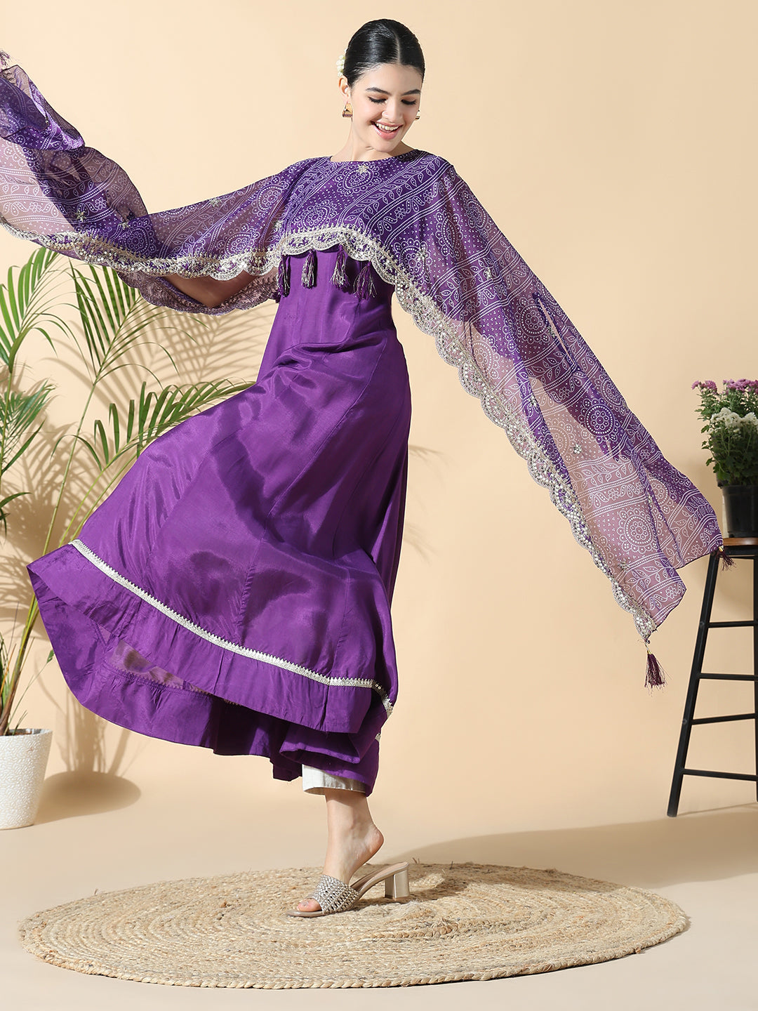 Women's Purple Raw silk Anarkali Kurta with Attached Dupatta