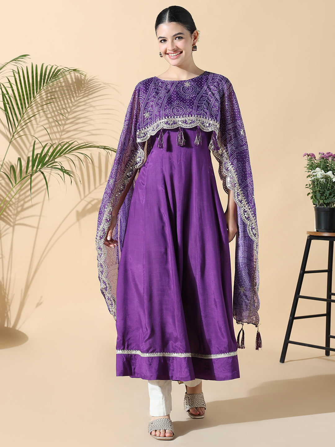 Women's Purple Raw silk Anarkali Kurta with Attached Dupatta