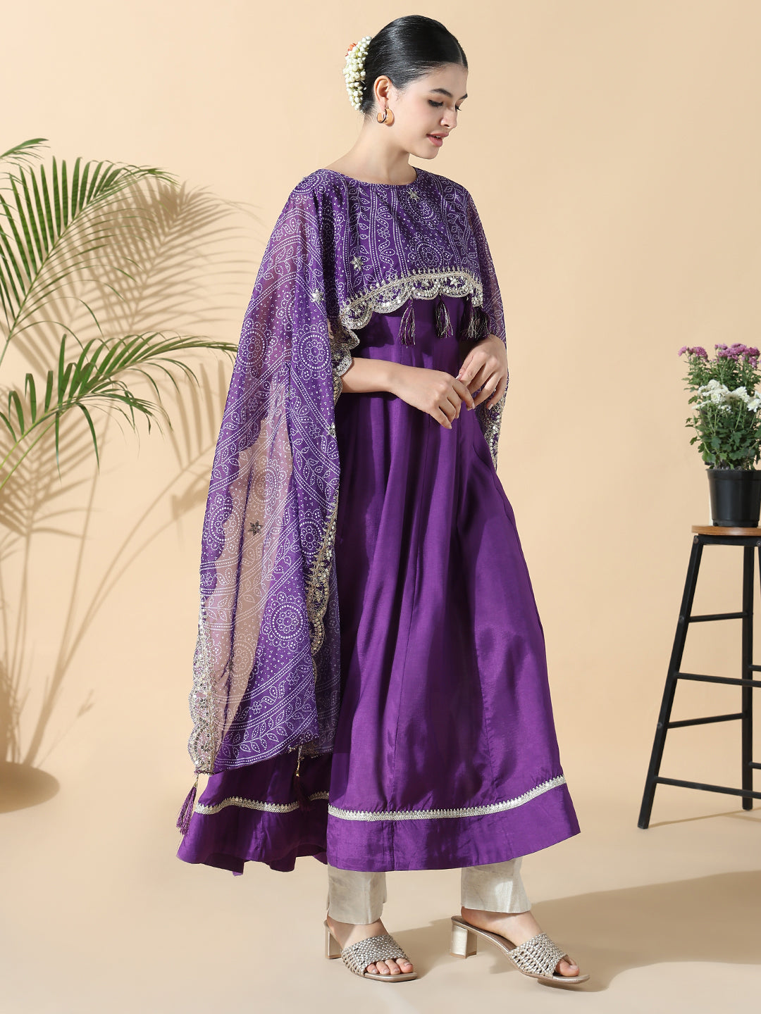 Women's Purple Raw silk Anarkali Kurta with Attached Dupatta