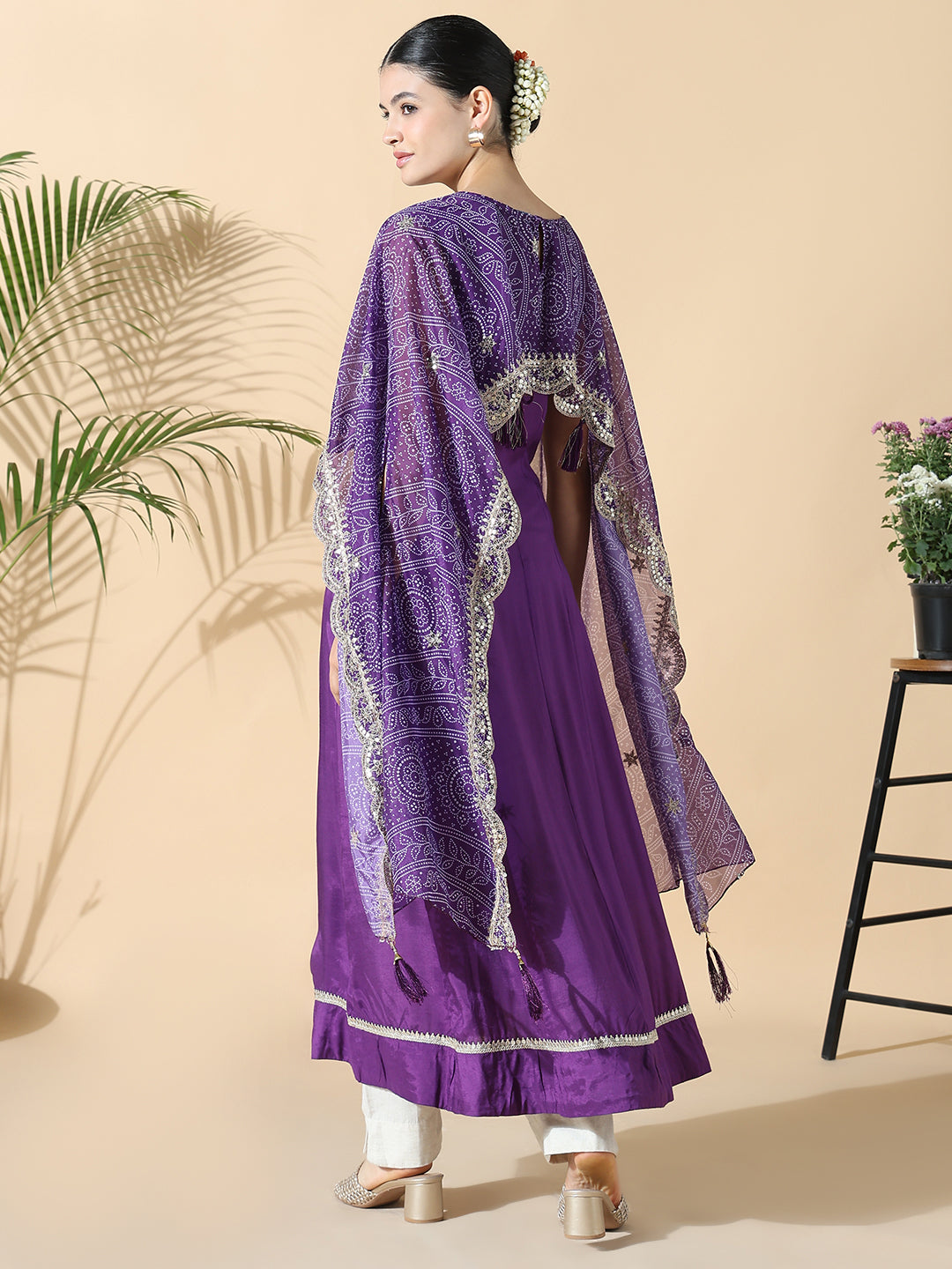 Women's Purple Raw silk Anarkali Kurta with Attached Dupatta