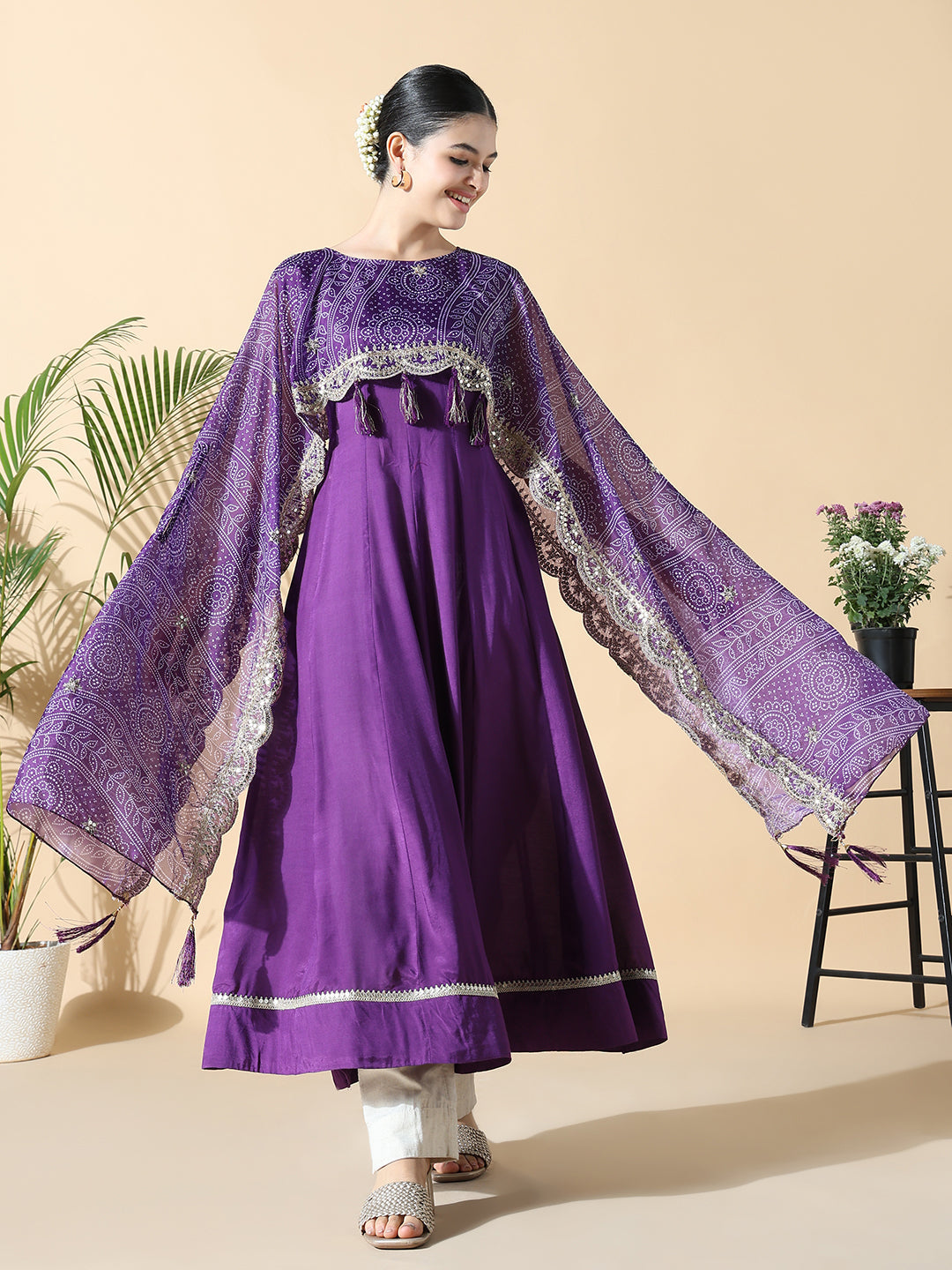 Women's Purple Raw silk Anarkali Kurta with Attached Dupatta