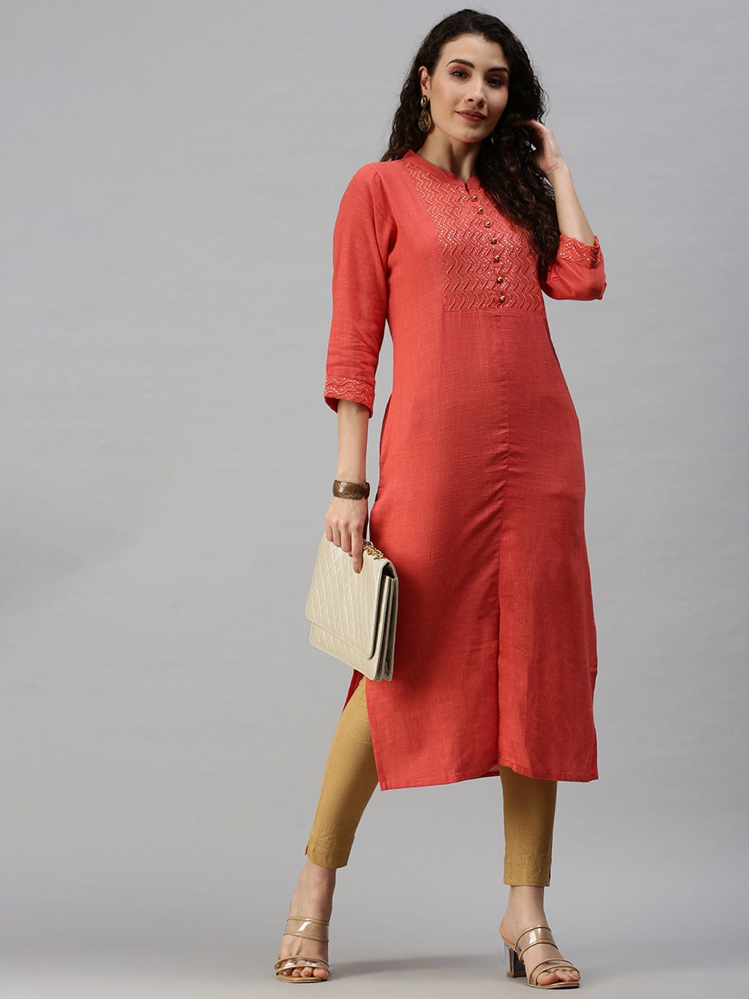 Women's Mandarin Collar Yoke Design Orange Straight Kurta