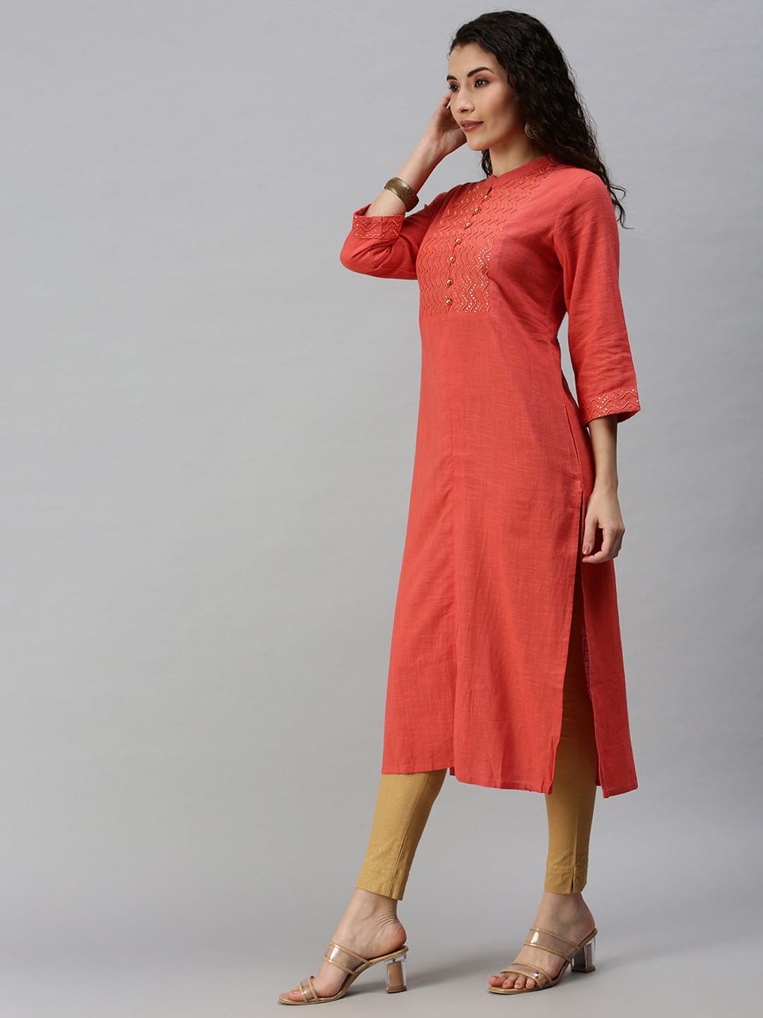 Women's Mandarin Collar Yoke Design Orange Straight Kurta