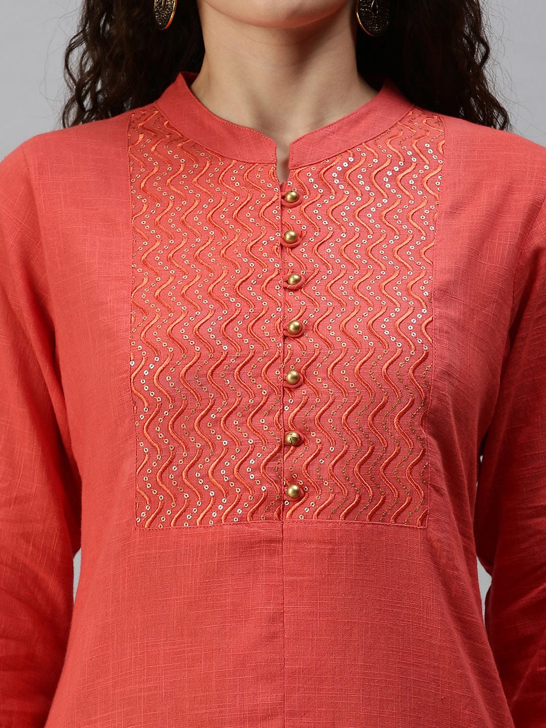 Women's Mandarin Collar Yoke Design Orange Straight Kurta