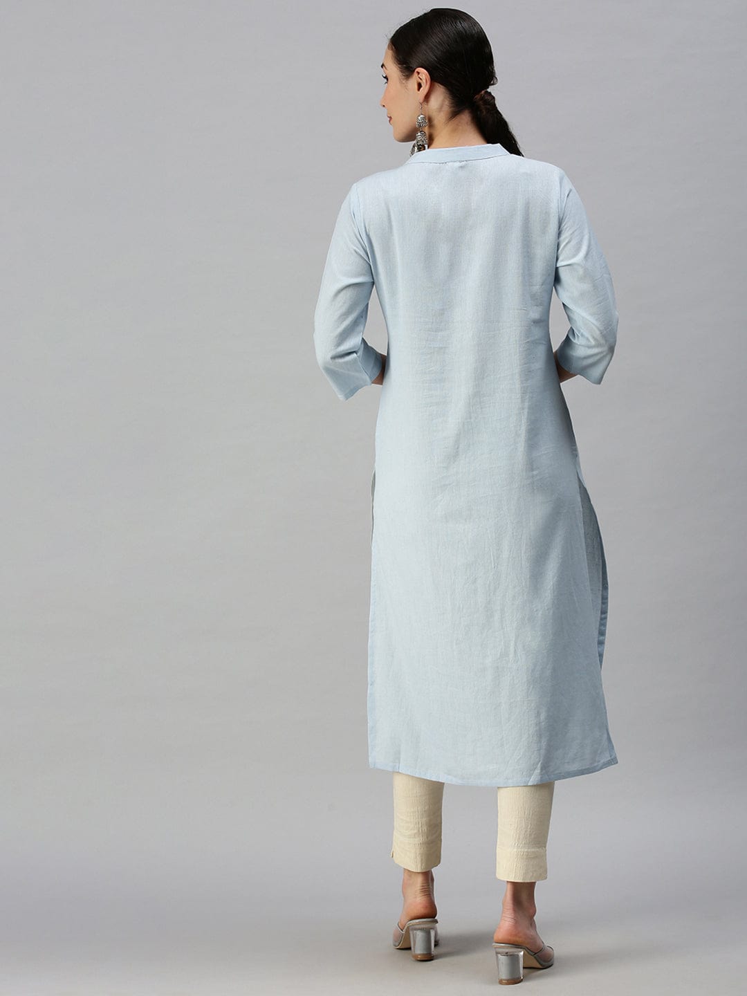 Women's Mandarin Collar Solid Blue Straight Kurta