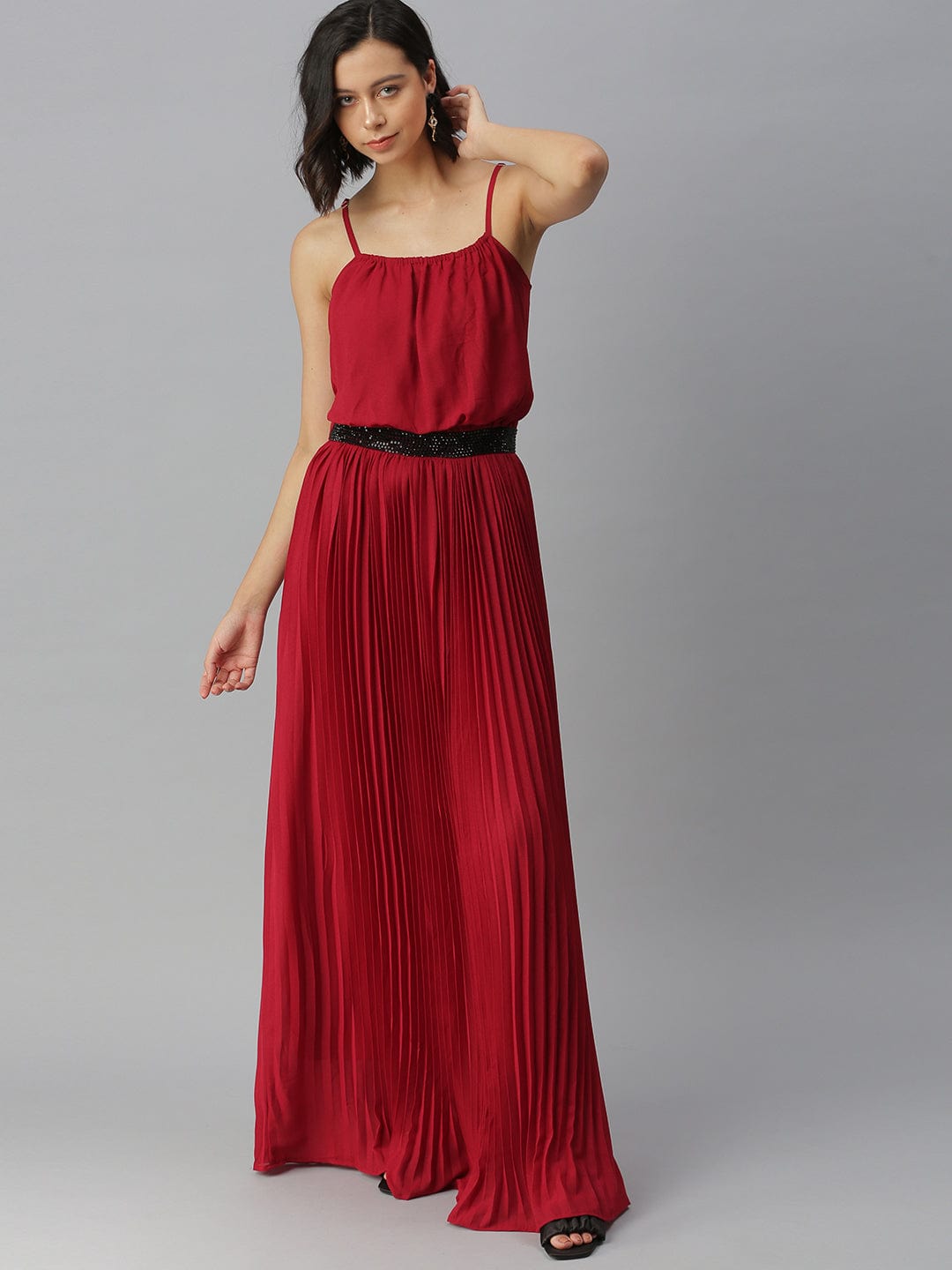 Women's Shoulder Straps Embellished Maxi Maroon Dress
