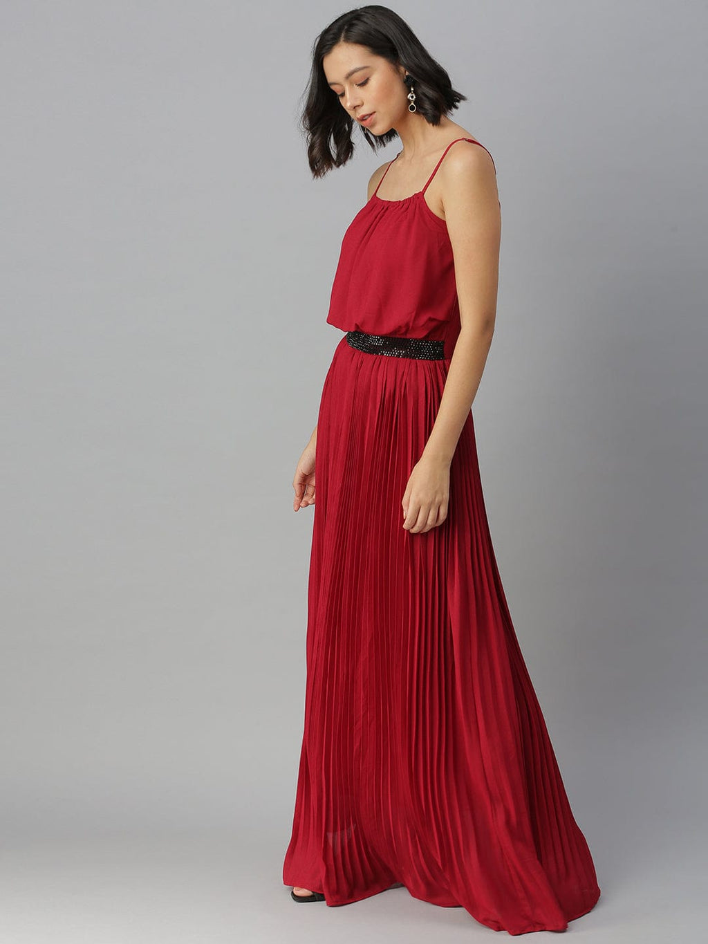 Women's Shoulder Straps Embellished Maxi Maroon Dress