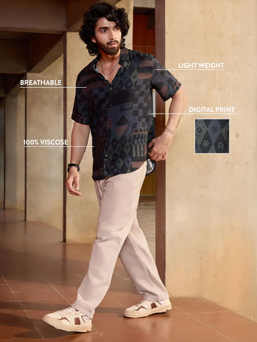 AOP Flowy Light Weight Viscose Shirt | Black