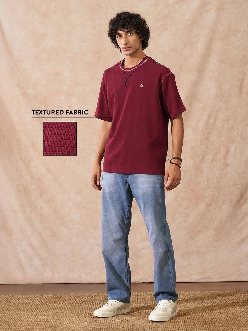 Textured Waffle Knit T-Shirt | Maroon