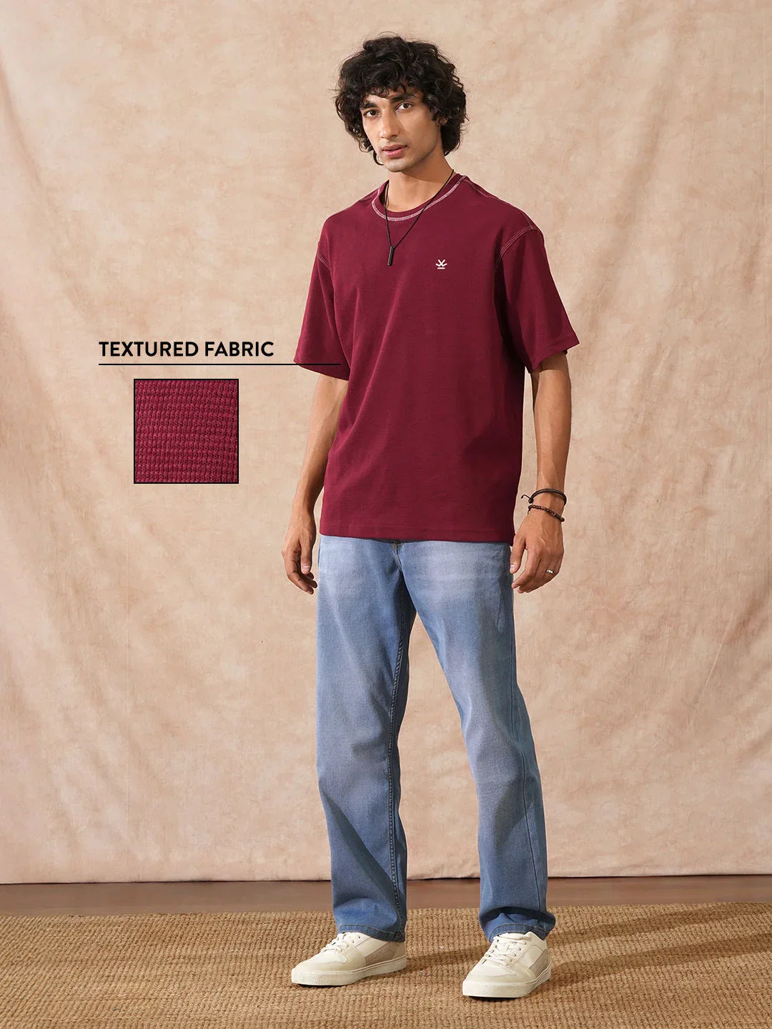 Textured Waffle Knit T-Shirt | Maroon