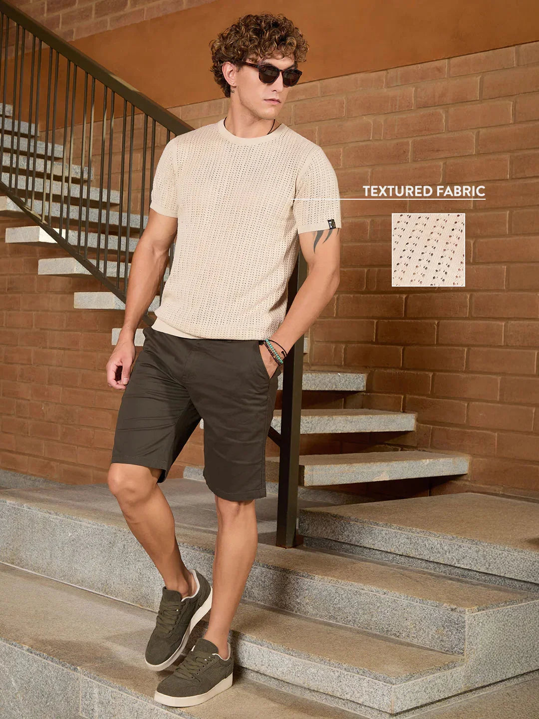 Flat Knit Slim Fit T-Shirt | Beige