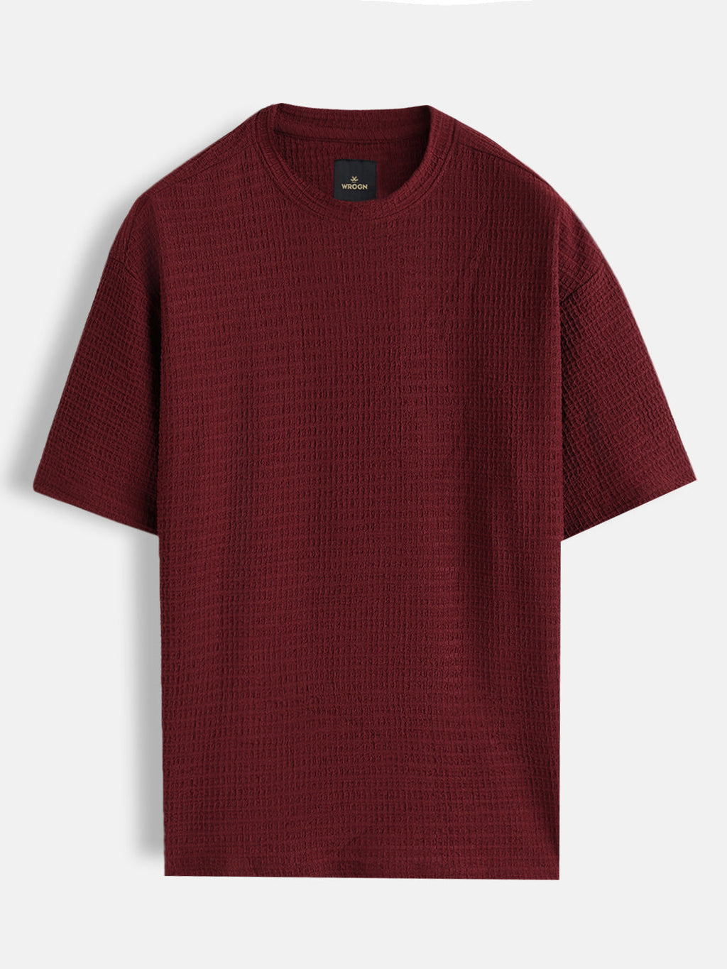 Oversized Jacquard Textured Crew Neck T-Shirt   | Maroon