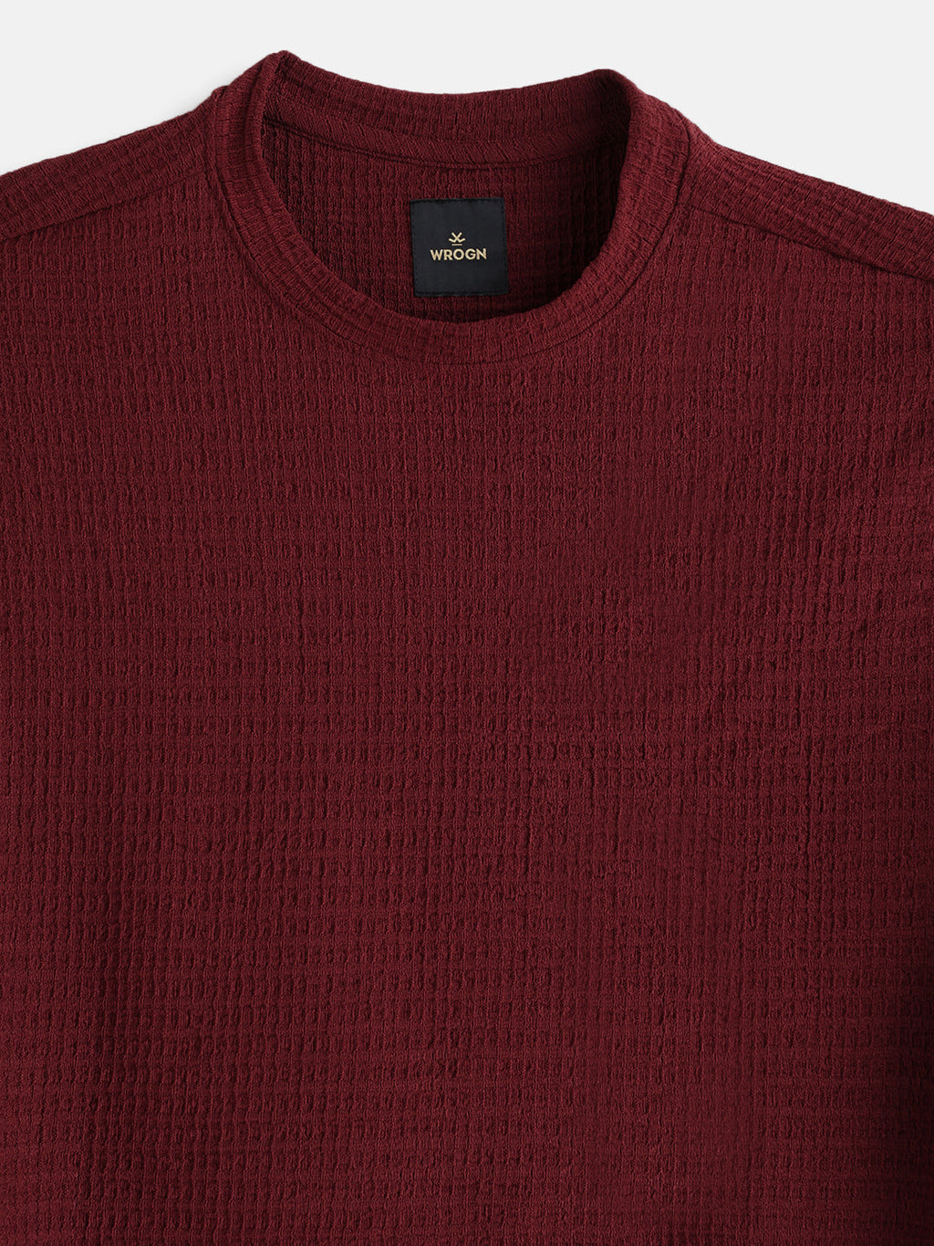 Oversized Jacquard Textured Crew Neck T-Shirt   | Maroon