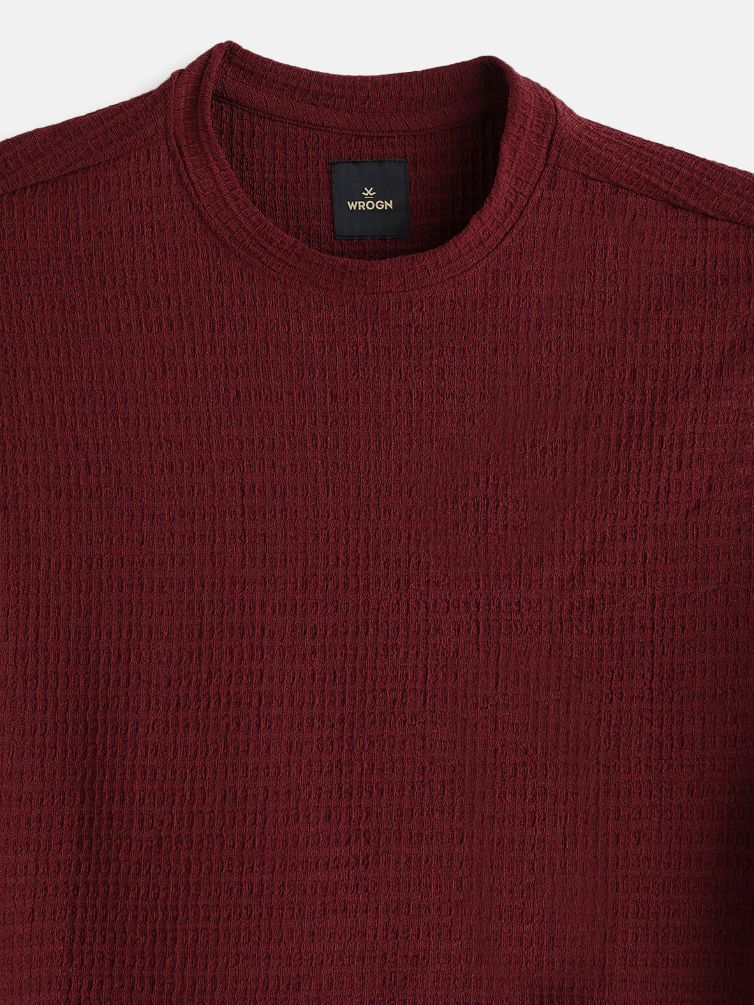 Oversized Jacquard Textured Crew Neck T-Shirt   | Maroon