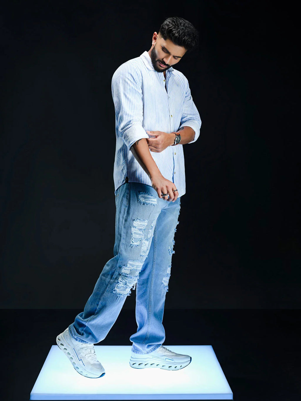 Corduroy Lenticular Stripe Print Shirt | White