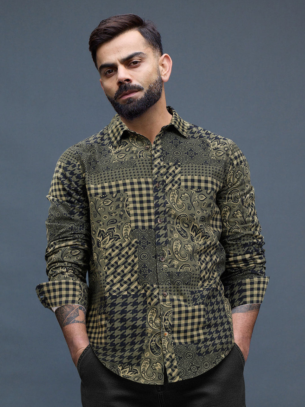 Corduroy Printed Shirt In Slim Fit | Olive
