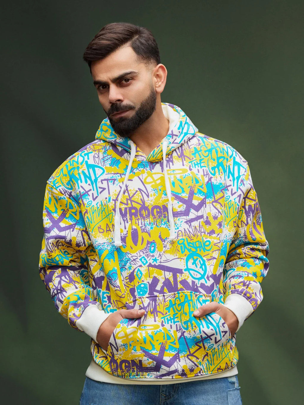 All Over Graffiti Print In Oversized Hoodie Pullover  |  Yellow