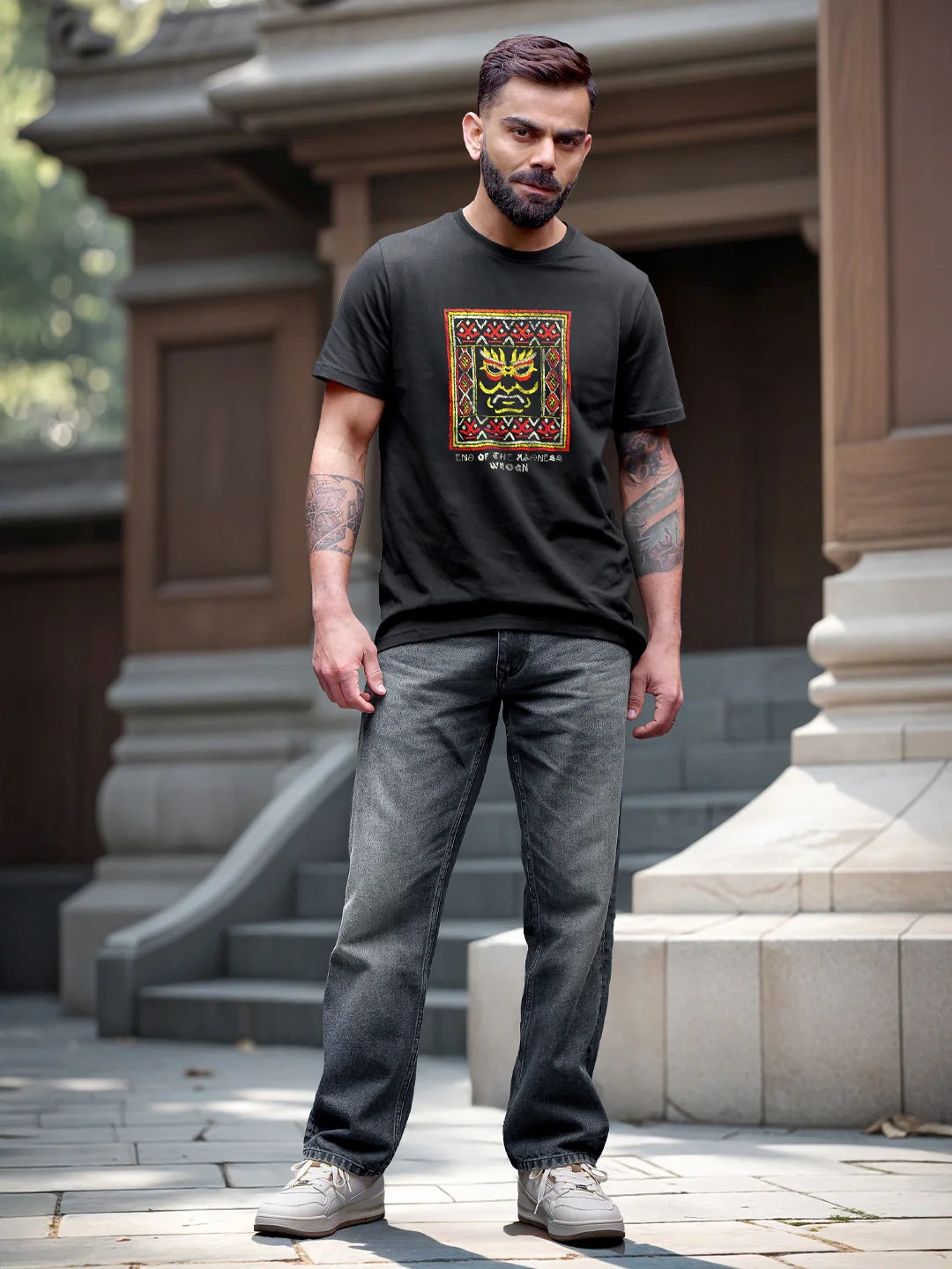 Mythical Face Graphic Crew Neck T-Shirt In Slim Fit  |  Black