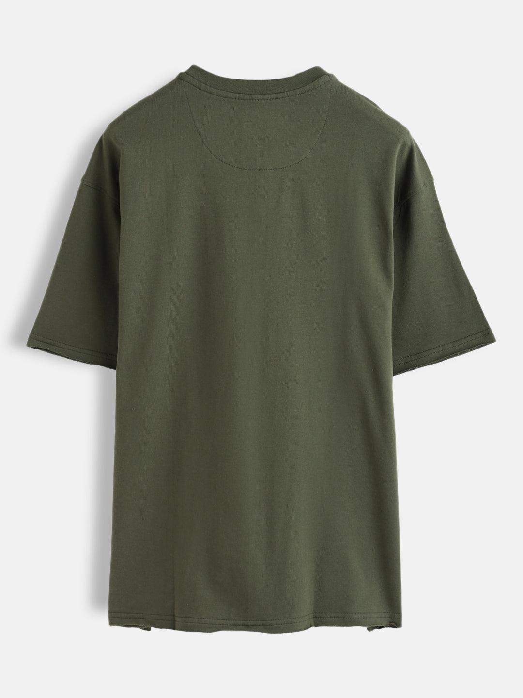 Solid Oversized T-Shirt With Printed Canvas Patch And Raw Edge Detail | Olive