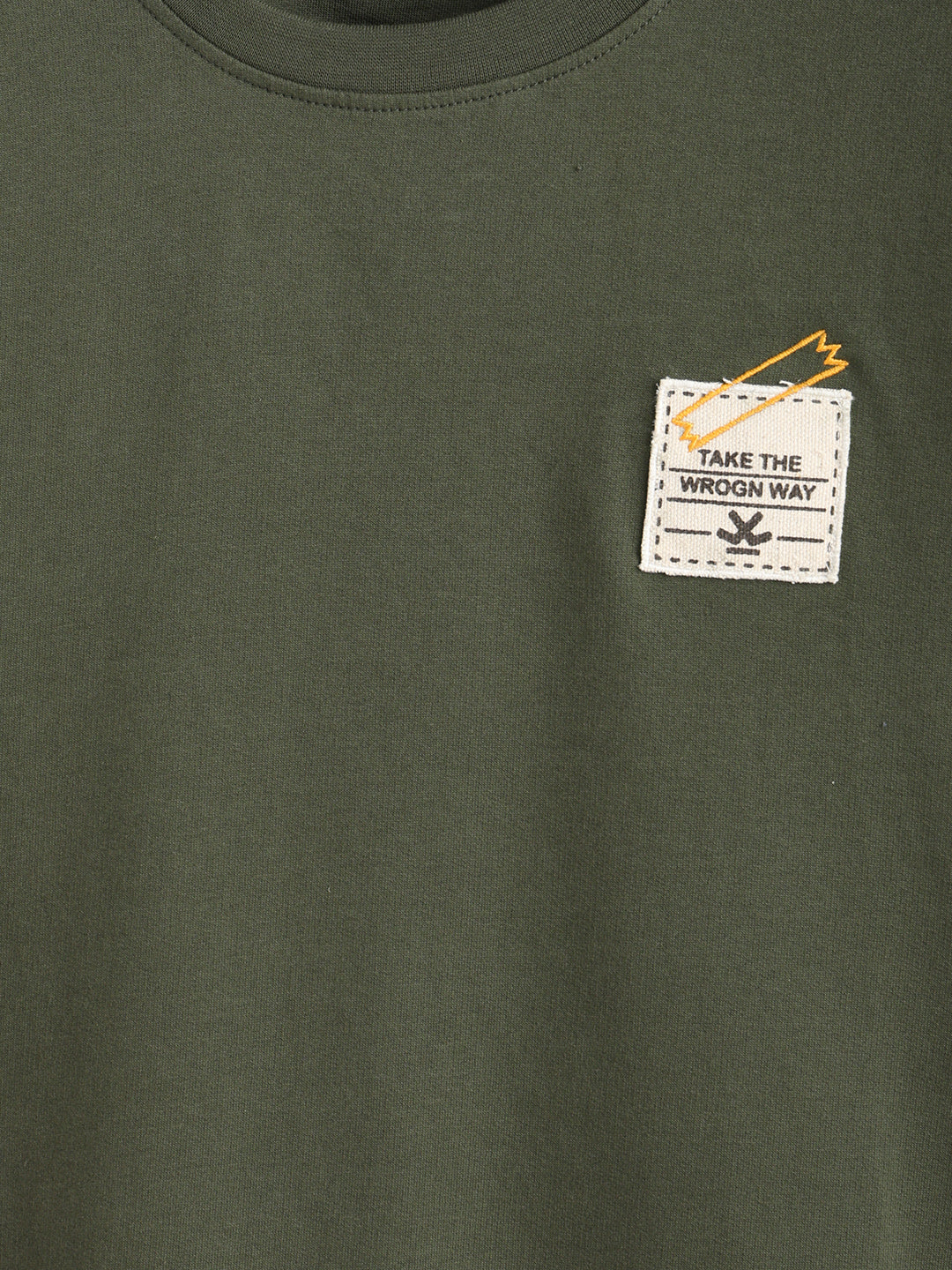 Solid Oversized T-Shirt With Printed Canvas Patch And Raw Edge Detail | Olive