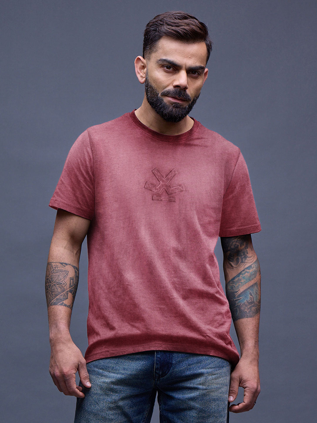 Grunge Pigment Washed T-Shirt With Logo Appliqué On Chest | Maroon