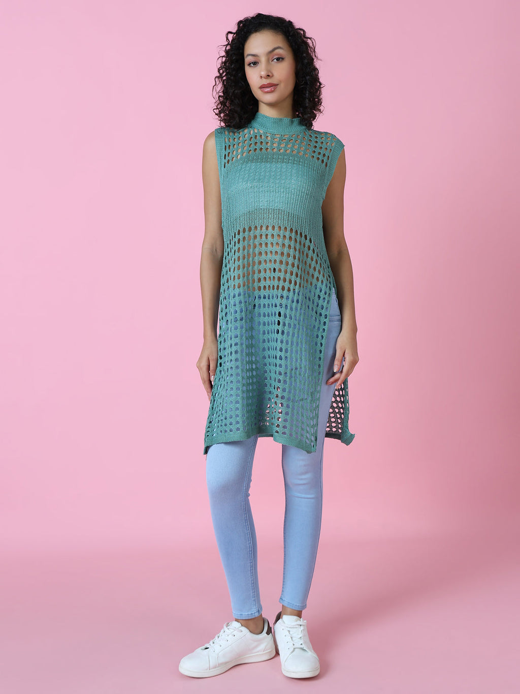 Women's Sea Green Sheer Crochet Longline Top