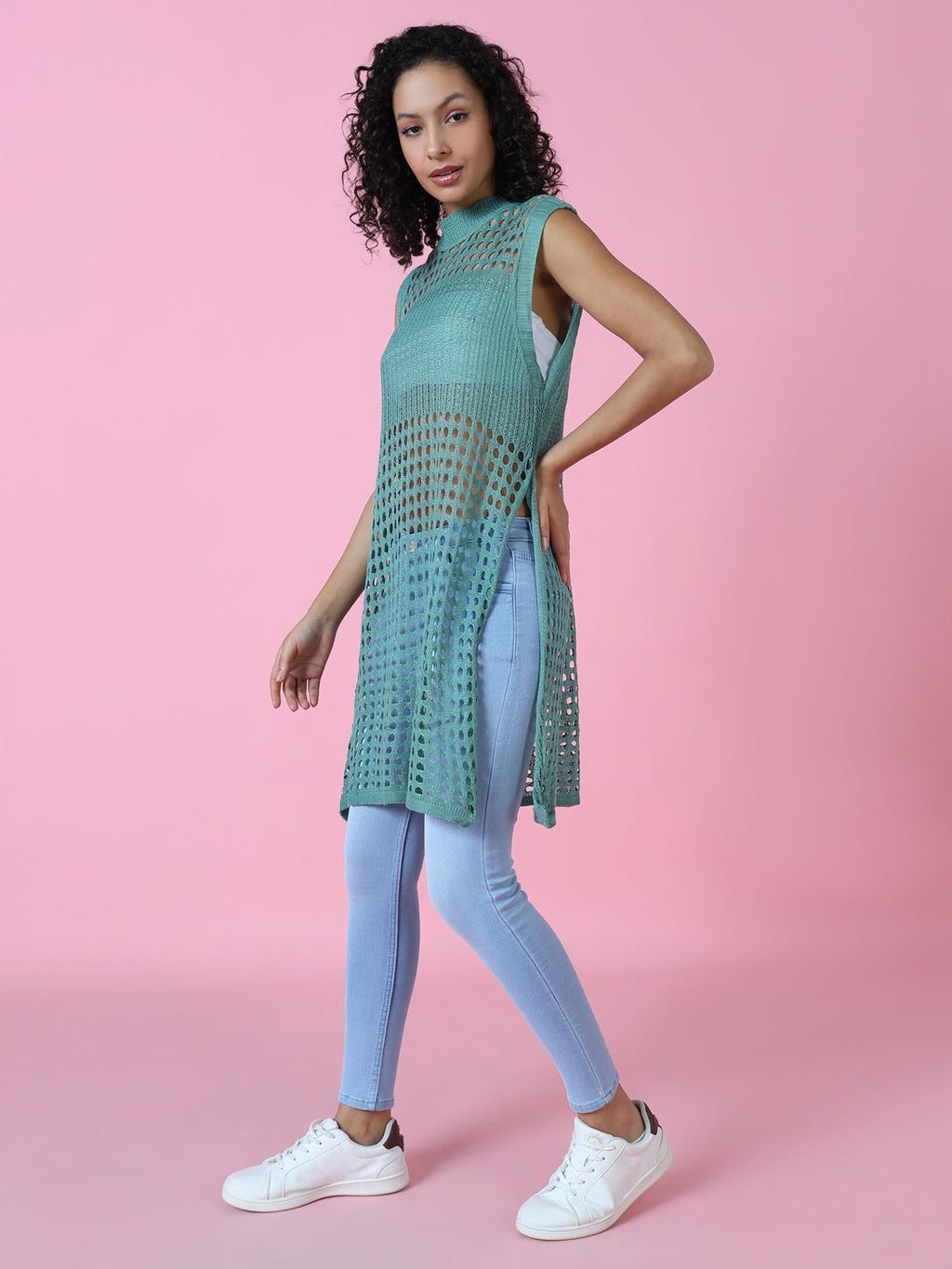 Women's Sea Green Sheer Crochet Longline Top