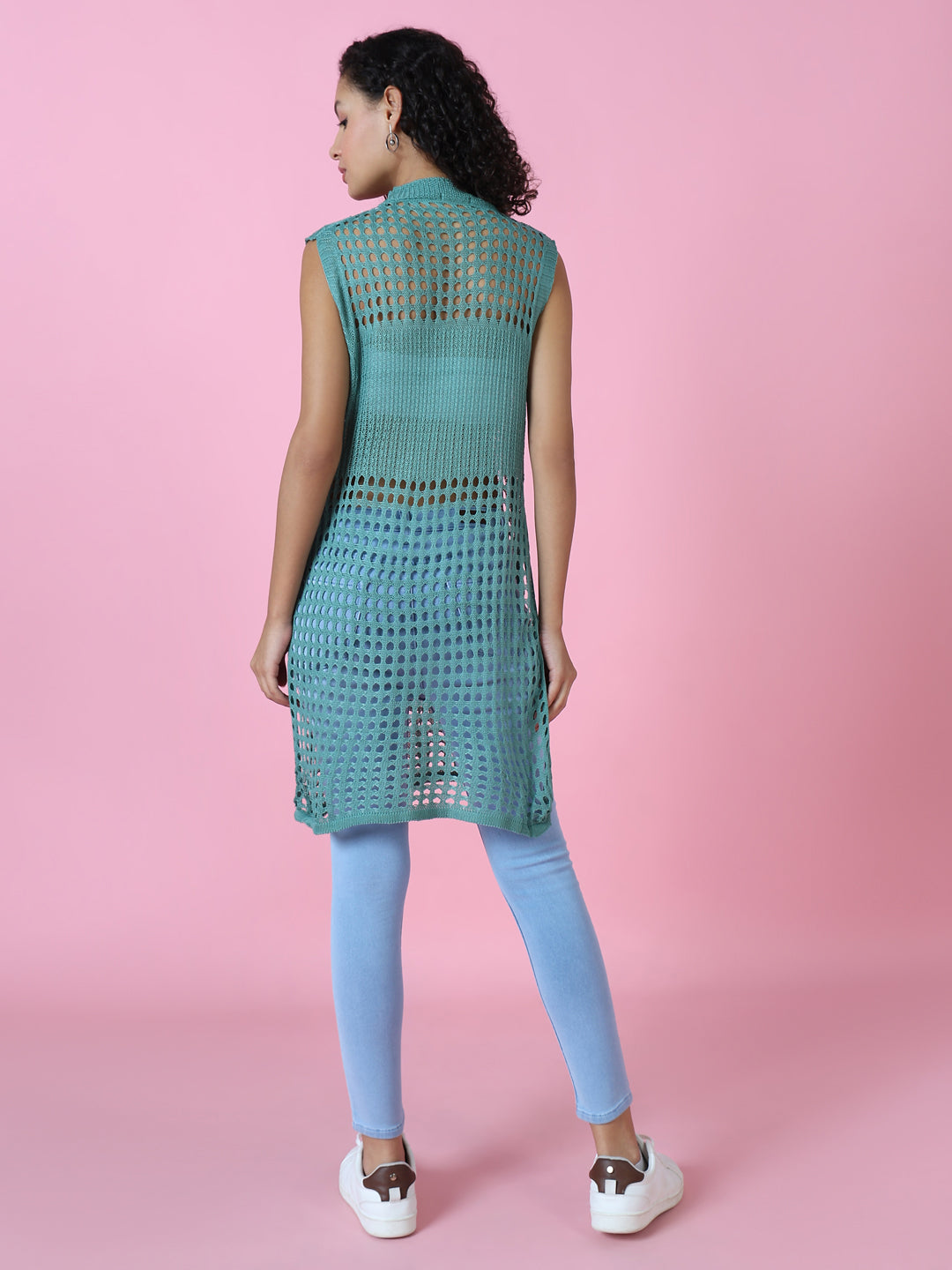 Women's Sea Green Sheer Crochet Longline Top