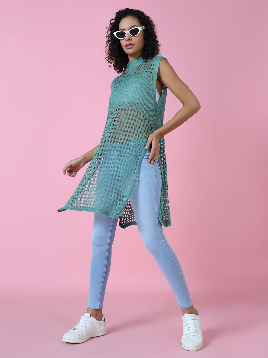 Women's Sea Green Sheer Crochet Longline Top