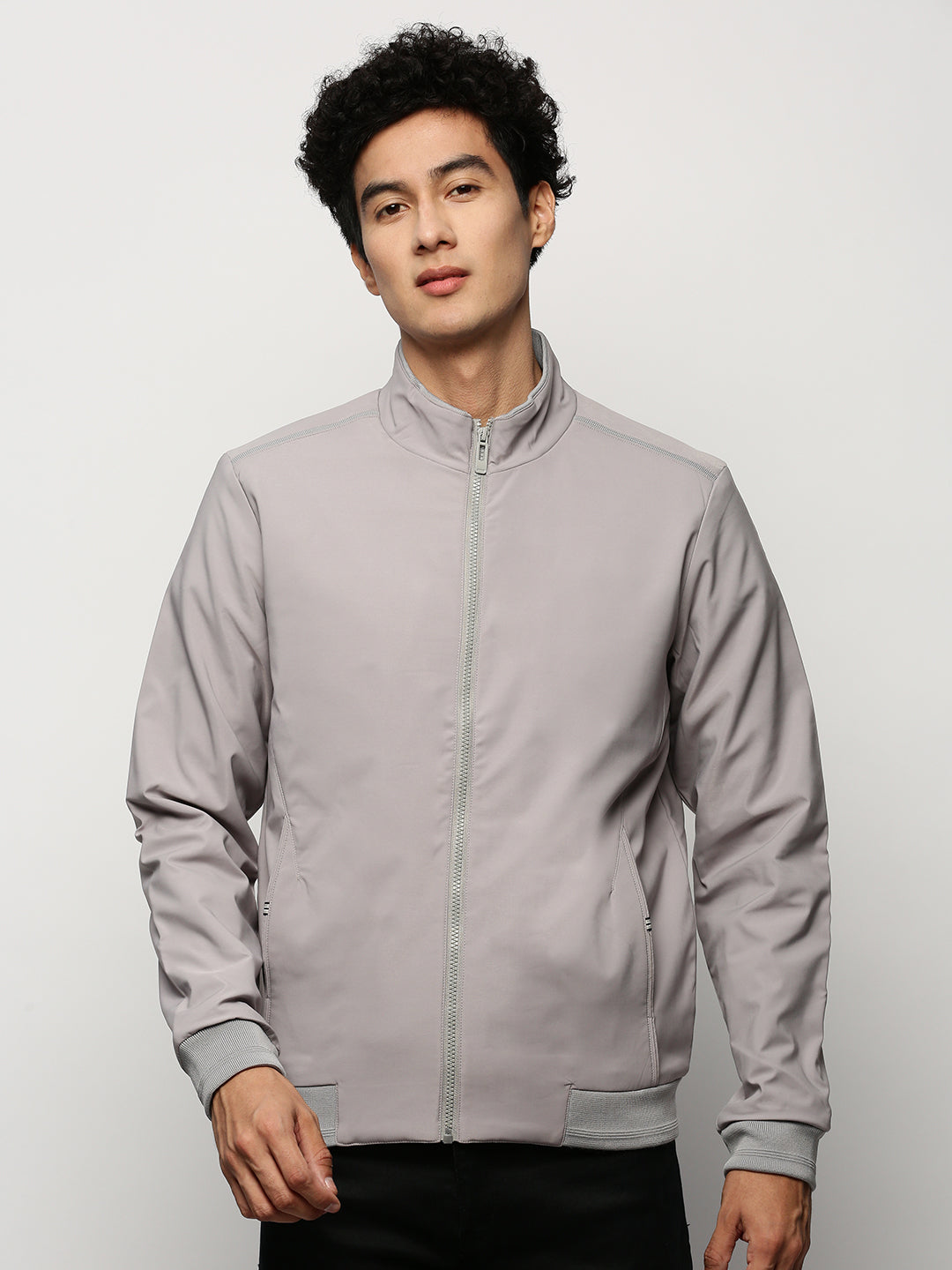 Men's Grey Mock Collar Bomber Jacket