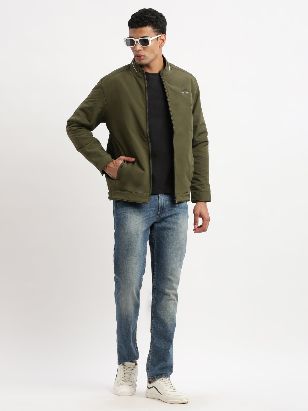 Men's Mock Collar Olive Solid Windcheater Bomber Jacket