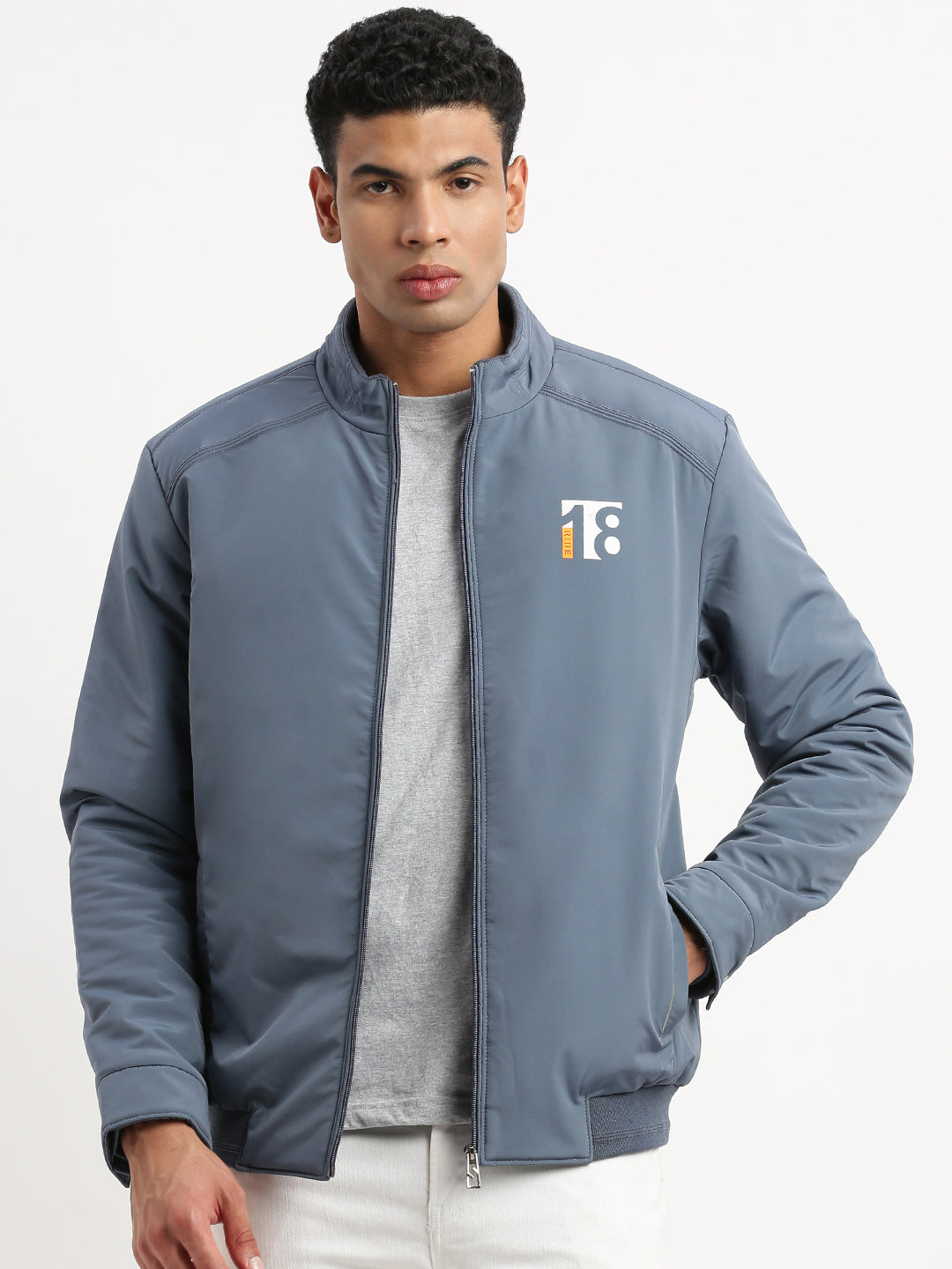 Men's Mock Collar Blue Solid Bomber Jacket