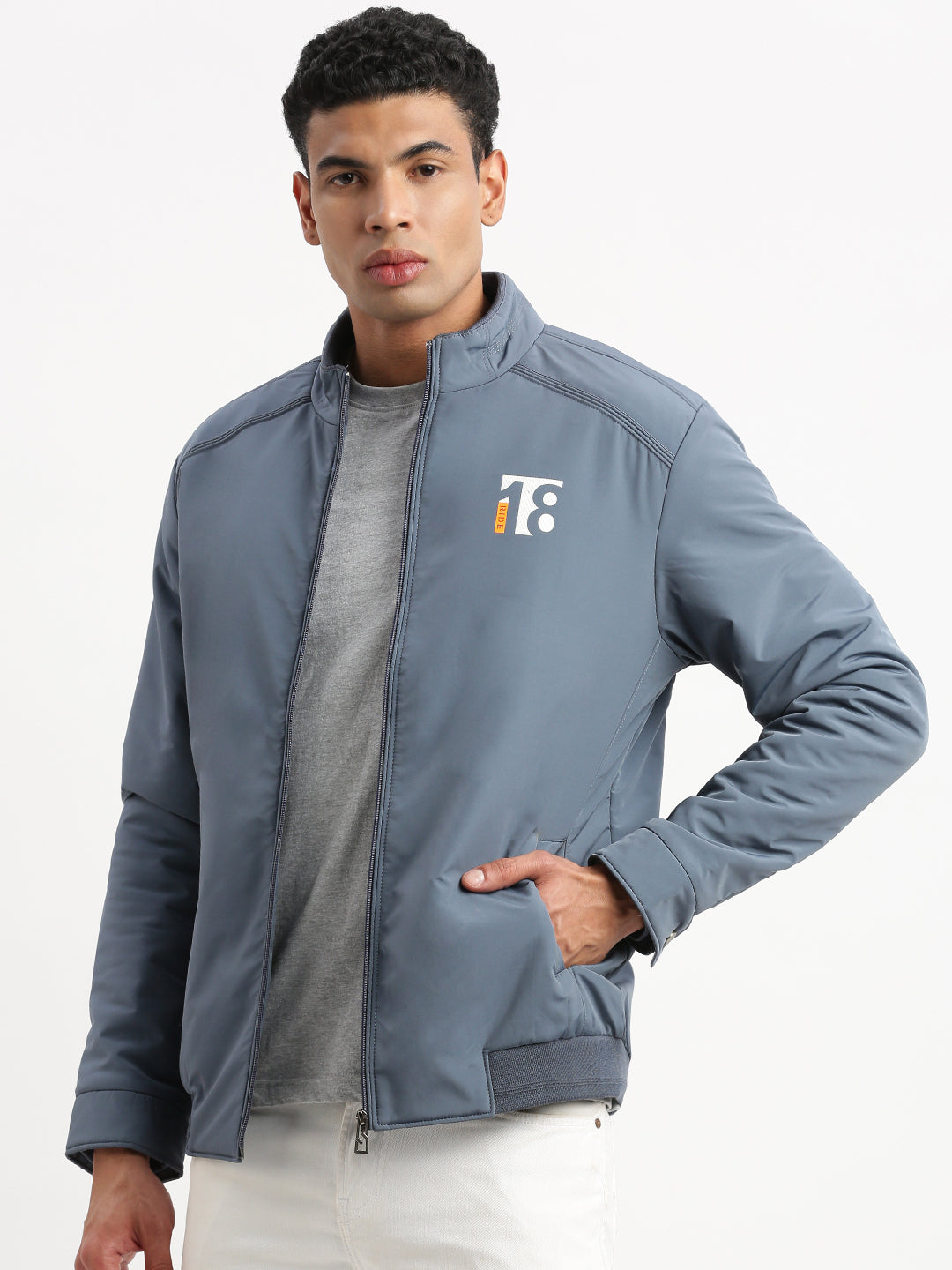 Men's Mock Collar Blue Solid Bomber Jacket