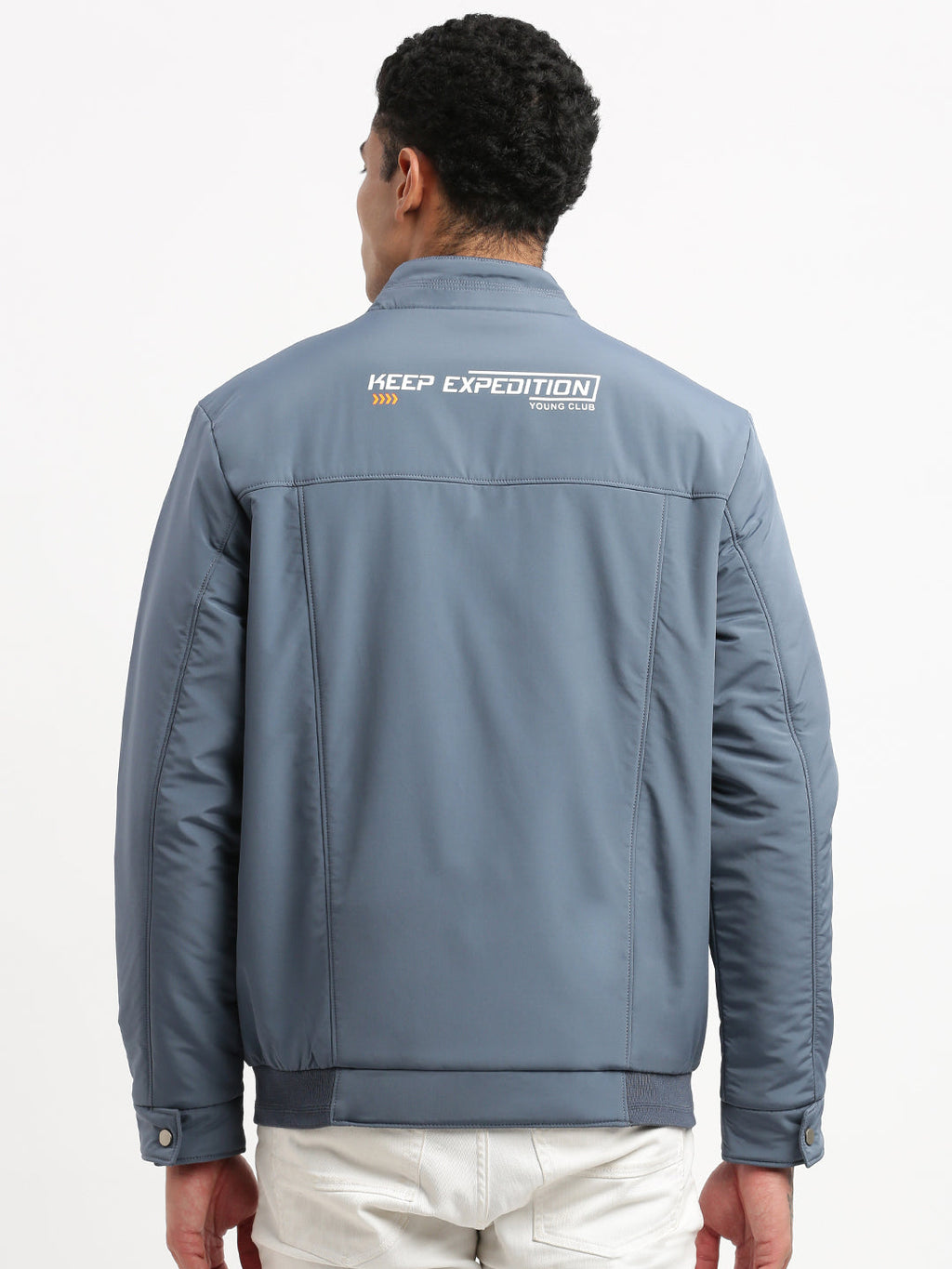 Men's Mock Collar Blue Solid Bomber Jacket