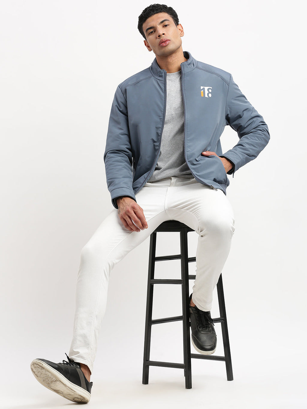 Men's Mock Collar Blue Solid Bomber Jacket