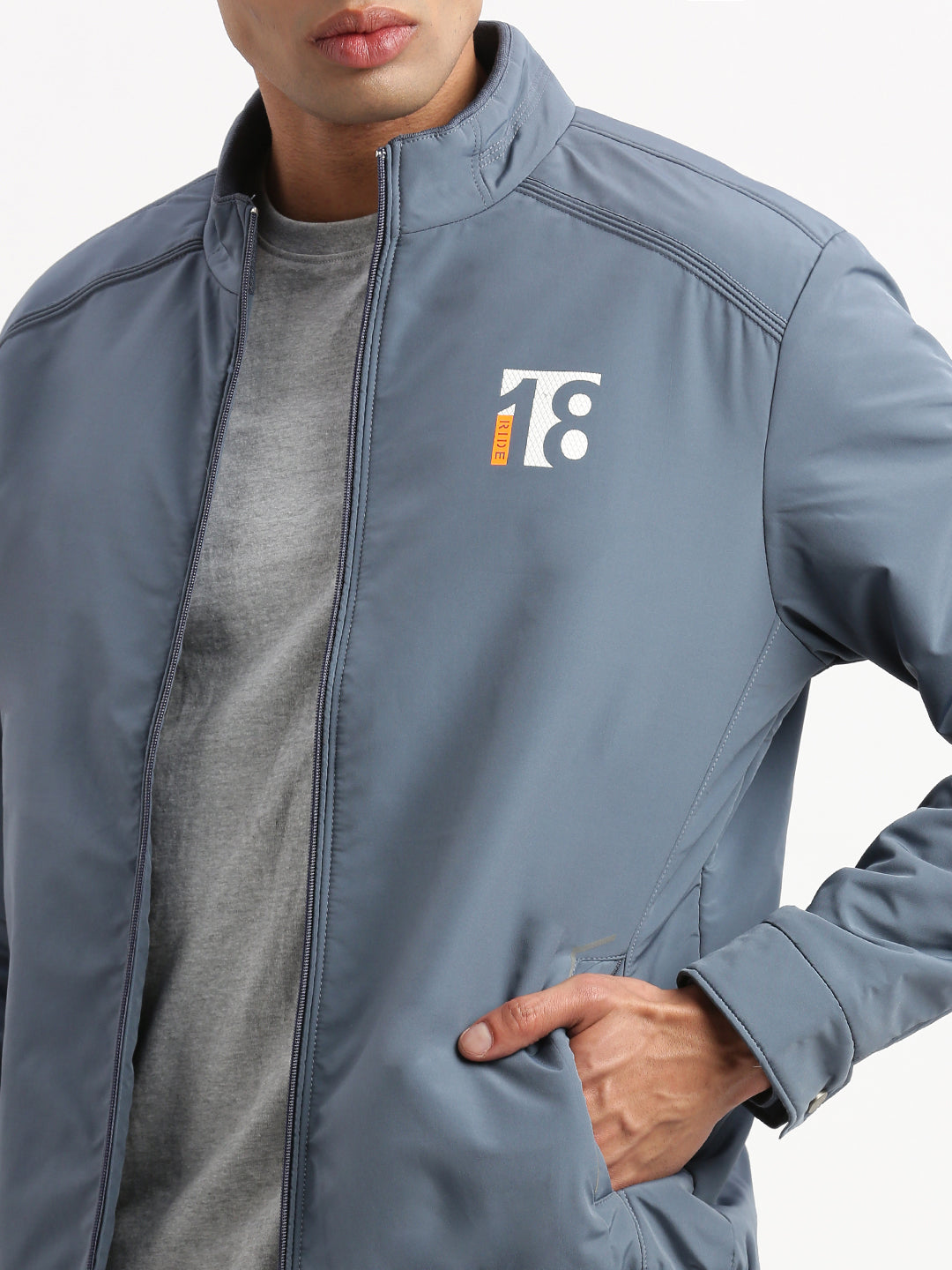 Men's Mock Collar Blue Solid Bomber Jacket