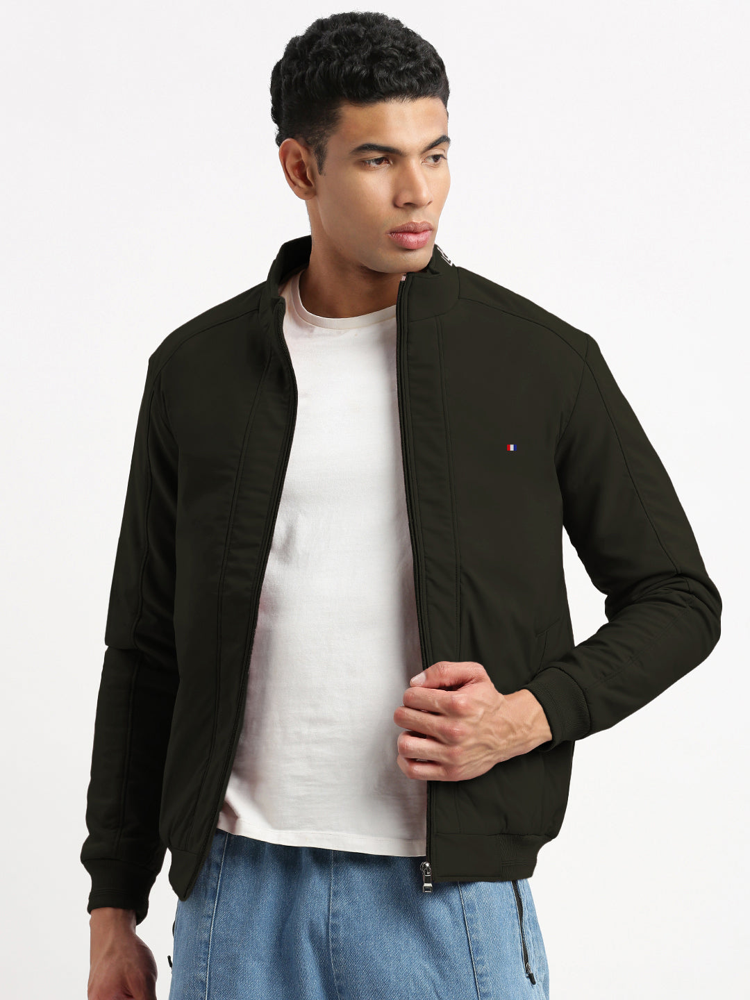 Men's Olive Mock Collar Bomber Jacket