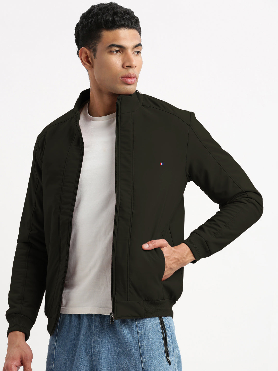 Men's Olive Mock Collar Bomber Jacket