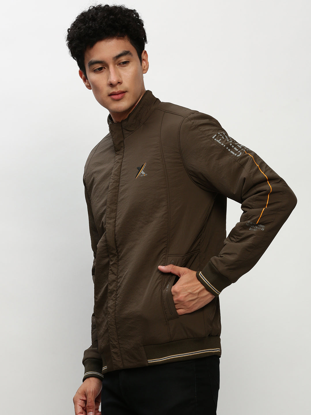 Men's Olive Mock Collar Taslon Bomber Jacket